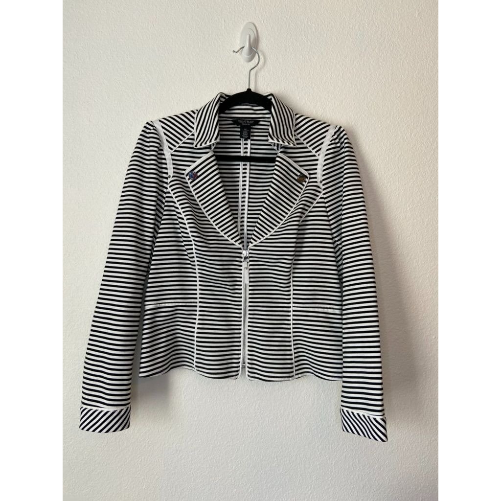 White House Black Market Women's 12 Petite Black And White Striped Peplum Blazer